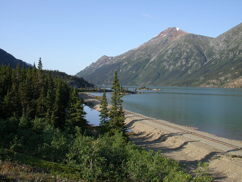 The view south on the line along Lake Bennett at Mile 52.9.