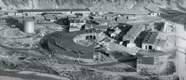 Aerial view of the White Pass Roundhouse at Skagway, 1969